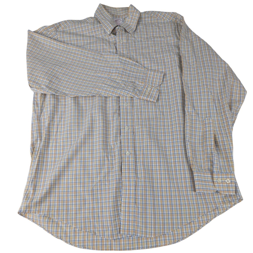 Brooks Brothers Mens Plaid Non-Iron Button Down Shirt Yellow Blue White Large‎